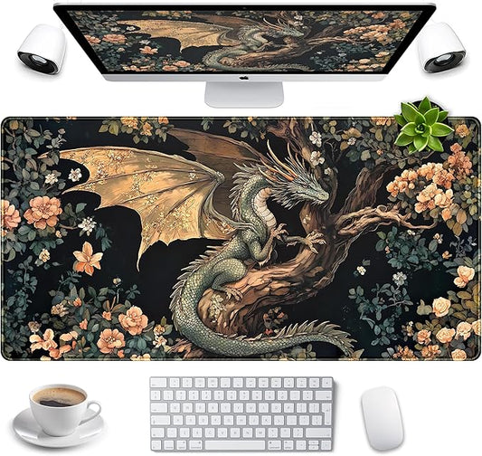 Desk Mat Cute Enchanted Forest Dragon Kawaii Mouse Pad XXL Large Extended Vintage Academia Anime Desk Pad, Cozy Computer Playmat Laptop Keyboard and Mouse Mat with Stitched Edges, 31.5x15.7 in