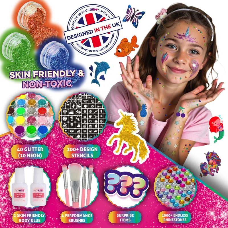 40 Colour - Glitter Tattoos for kids, Glitter tattoo kit, Temporary Tattoos for kids, Face glitter, 200+ Stencils, 40 Colour (10 neon), Rhinestones, Girls birthday present, Face Glitters