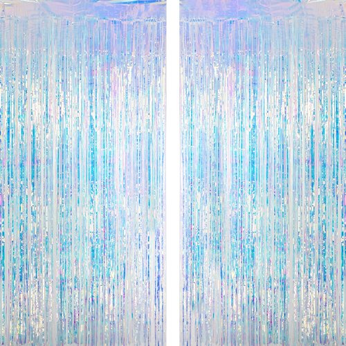MALANKU Iridescent Streamers - Tinsel Curtain Backdrop for Mermaid & Winter Parties | 2 Packs, 3.3ft x 6.5ft