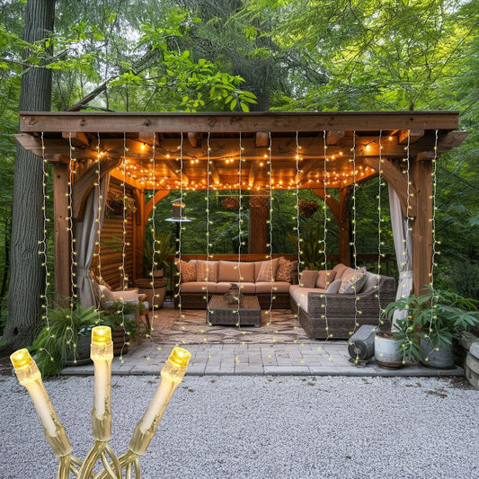 Novelty Lights LED Curtain Light Set - 300 Warm White LEDs with 8 Functions | Clear Wire Design