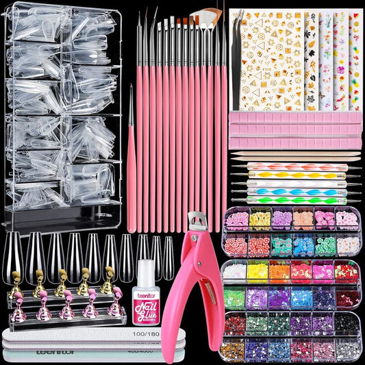Acrylic Press-On Nail Kit - Clear Coffin Tips, Art Brushes, Glitter & Rhinestones | Complete Nail Supplies