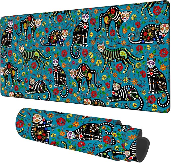 NITAHHHY Sugar Skull Black Cats Gaming Mouse Pad 3mm Thick Stitched Edge Waterproof Non-Slip Large Computer Keyboard Mouse Mat,Suitable for Office Entertainment Decorative Desk Pad 35.4 x 15.7 Inches