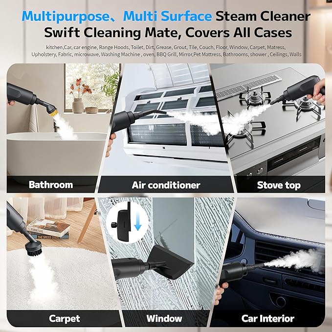 Pressurized Handheld Steam Cleaner 2500W, 54oz Large-Capacity Steamer with 3-Level Adjustable Steam, 15s Heat-Up & 15Pcs Accessories â for Car, Tile, Grout, Couch, Floor, Bed, Dirt, Furniture