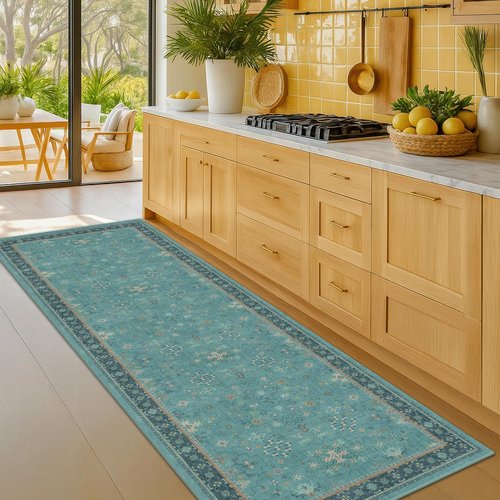 Boho Non-Slip Kitchen Runner Rug - Machine Washable Vintage Carpet in Floral Aqua Blue (2x8 ft)