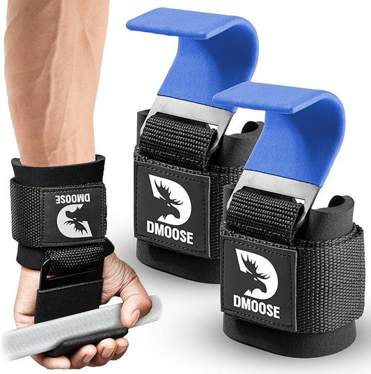 DMoose Fitness Weight Lifting Hooks (Pair) for Deadlifts, Pull Ups, Rows & Shrugs - Anti-Rip Nylon Strap Hand Grips with Thick Wrist Padding - Heavy Duty Wrist Straps for Weightlifting (Blue)