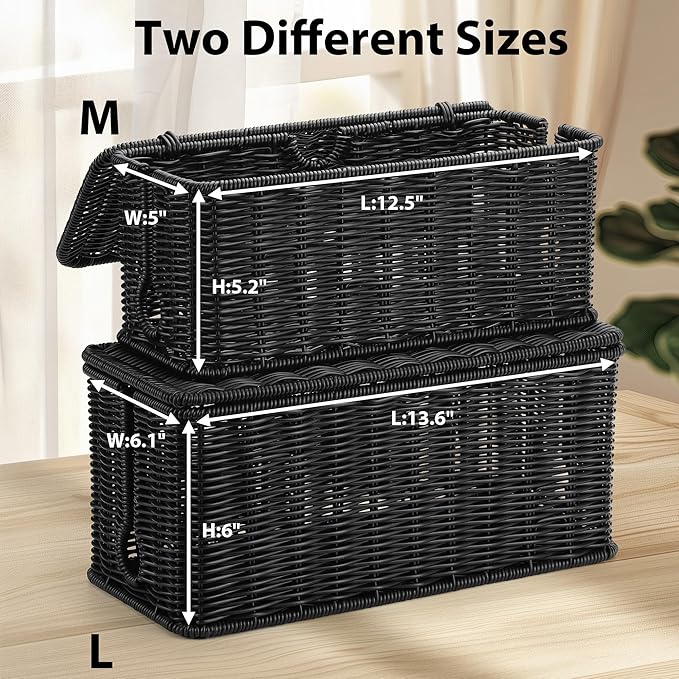 ZhiYo Rattan Cable Management Box, Black Cord Organizer, 12.5" x 5" x 5.2"