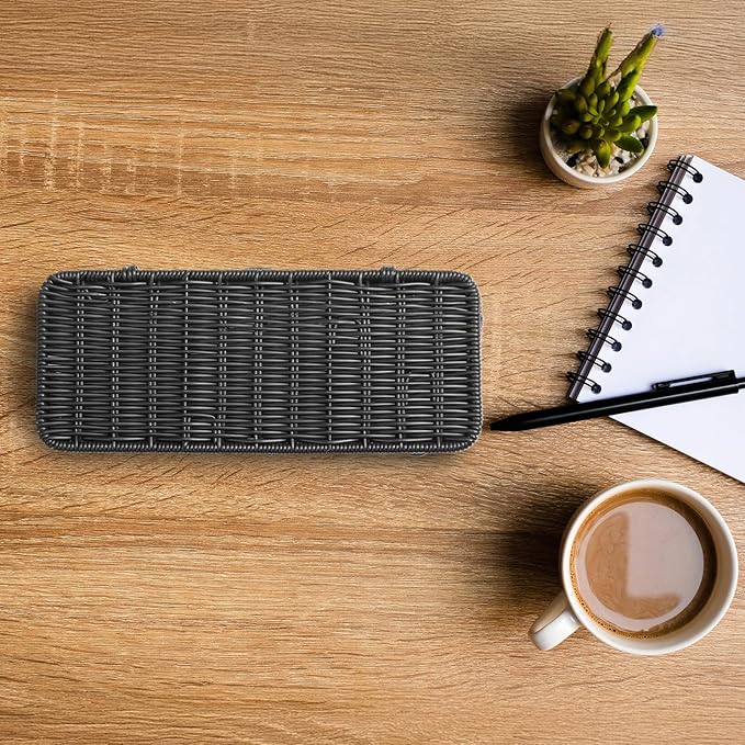 Delamu Handwoven Rattan Small Cable Management Box, Cord Organizer with 2 Open Slots, Desk Cord Hider Box for Computer Router USB Hub Power Strip, 12.5" Lx 5.1" Wx 5.1" H, Black