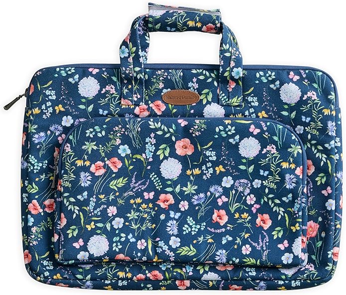 Maison d'Hermine Laptop Bag with Pocket Upto 13.5 inch Stain and Water Repellent Cotton Canvas Spring Summer (Just Floral - Blue)