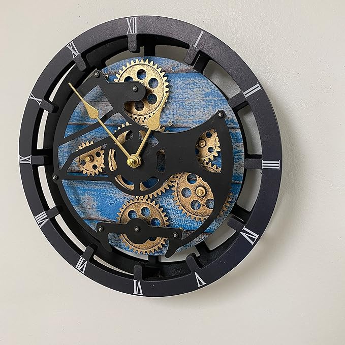 ImprovingLife The Gears Clock Desk Clock 10 inches with Real Moving Gears Convertible into Wall Clock (Ocean Blue)