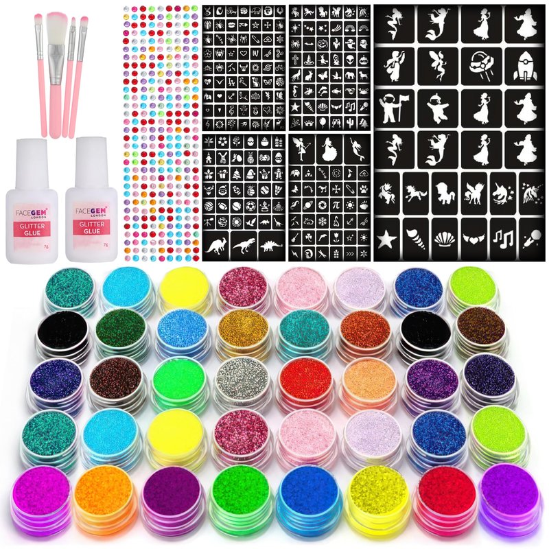 40 Colour - Glitter Tattoos for kids, Glitter tattoo kit, Temporary Tattoos for kids, Face glitter, 200+ Stencils, 40 Colour (10 neon), Rhinestones, Girls birthday present, Face Glitters