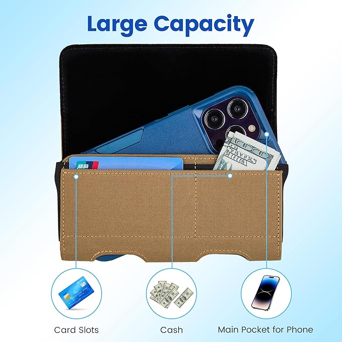 Mopaclle Nylon Phone Holster with Heavy Duty Metal Belt Clip and Card Holder, Compatible with iPhone 17/16/15/14/13 Pro Max,17 Air and Galaxy S26/S25/S24/S23/S22 Plus and FE - Khaki