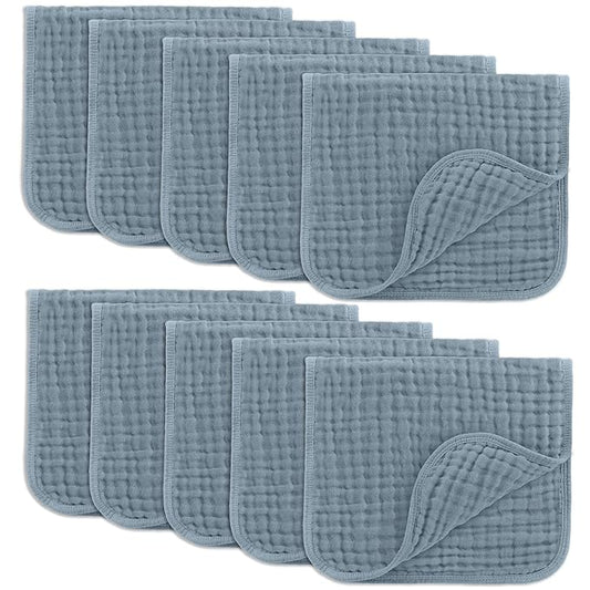 Comfy Cubs Muslin Burp Cloths 20" x 10", Pack of 10 - Large, 6-Layer, Ultra Absorbent 100% Cotton for Baby Drool and Messes - Soft, Safe & Gentle Baby Burp Cloths for Boys & Girls - Pacific Blue
