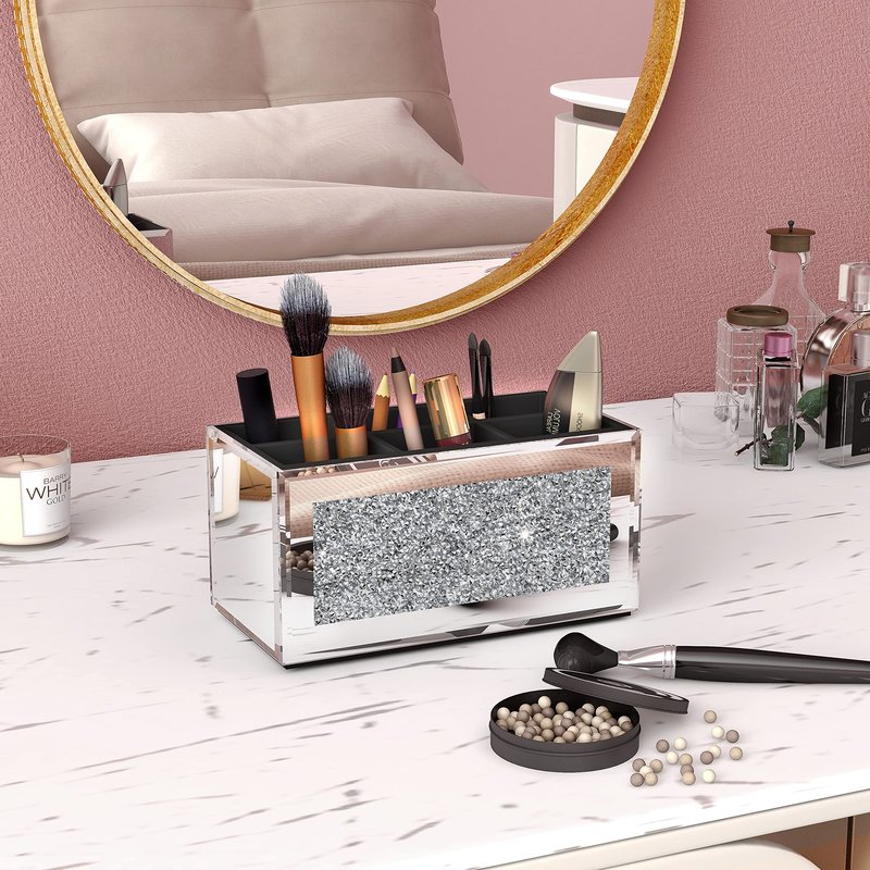 SHYFOY Makeup Brush Holder Organizer with Crushed Diamond 6 Slot Mirrored Make up Cosmetics Organizers and Storage for Vanity Countertop