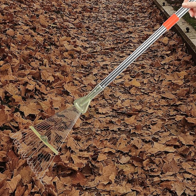 Luxshiny 18-Tooth Retractable Stainless Steel Garden Rake with Extendable Handle 80cm for Lawn and Leaf Cleaning, Heavy Duty Metal Rake for Soil Leveling and Yard Maintenance