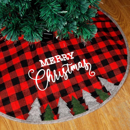 Juegoal 32-Inch Christmas Tree Skirt - Soft Red and Black Plaid Mat for Holiday Decor