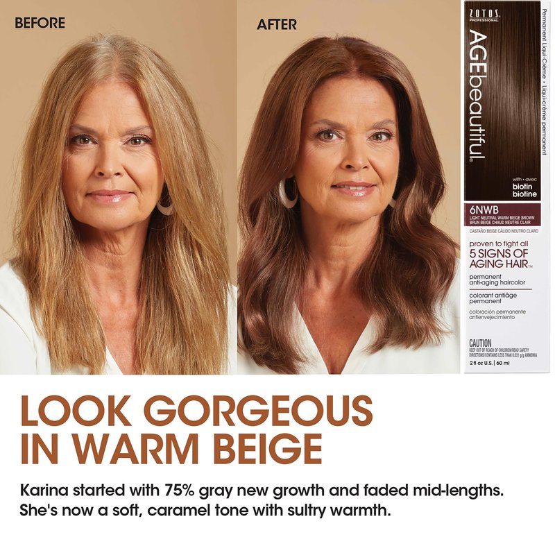 AGE beautiful Permanent Hair Dye 6G Light Golden Brown - Golden Brown / Warm Brown Hair Color Cream with 100% Gray Coverage, Anti-Aging Biotin Formula for Thicker, Fuller Hair, Salon Quality