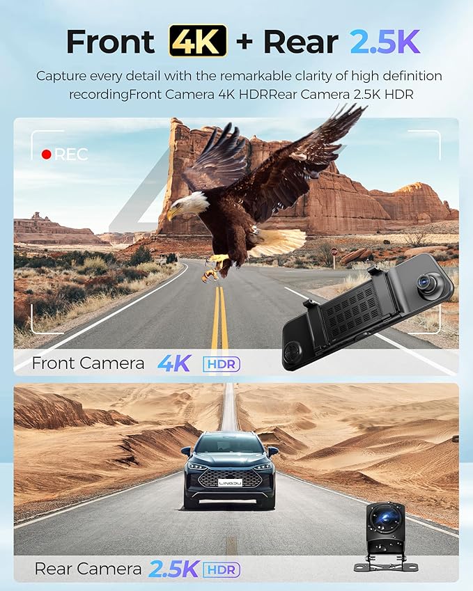 LINGDU 12" Mirror Dash Cam, 4K UHD Front and 2.5K Rear View Dash Camera for Car, with ADAS BSD LCA Smart Mode, GPS, G-Sensor, Loop Recording, Parking Monitor, Voice Control, 5.8GHz WiFi