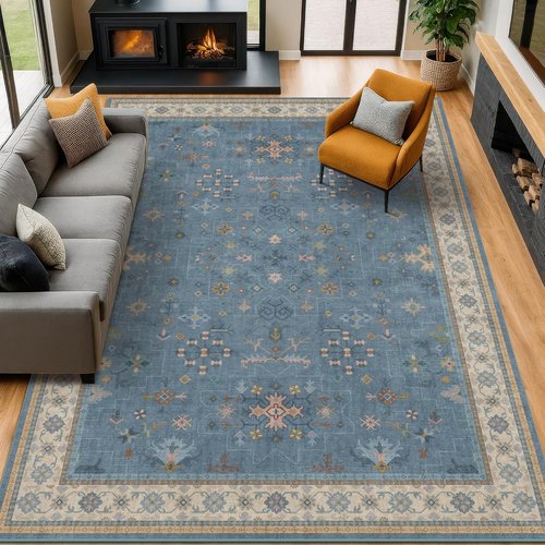 Hazo Haus Blue Area Rug - Dusty Blue 10x12 Washable Floral Design for Living Room & Bedroom Decor