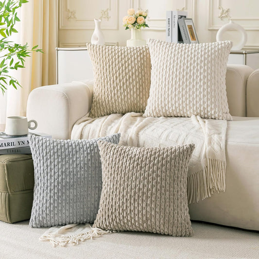Skiennix Set of 4 Corduroy Decorative Throw Pillow Covers - Soft 18x18 Inch Cushion Cases for Living Room