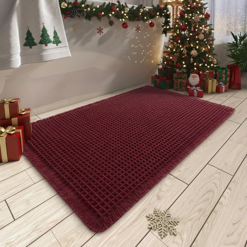 AMOAMI Upgraded Waffle Bath Mat, Super Absorbent Non Slip Bath Mats for Bathroom Floor, Washable Bathroom Rugs with Tassels, Rubber Backed Bathroom Mats, Ultra Soft, 18" x 30", Burgundy