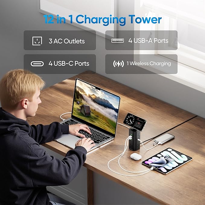160W Fast Charging Station, TenTrend Power Strip Tower Surge Protector with 3 AC Outlets & 8 USB Ports (4 USB-C), 5 FT Flat Plug Extension Cord with Multiple Outlets for Home Office