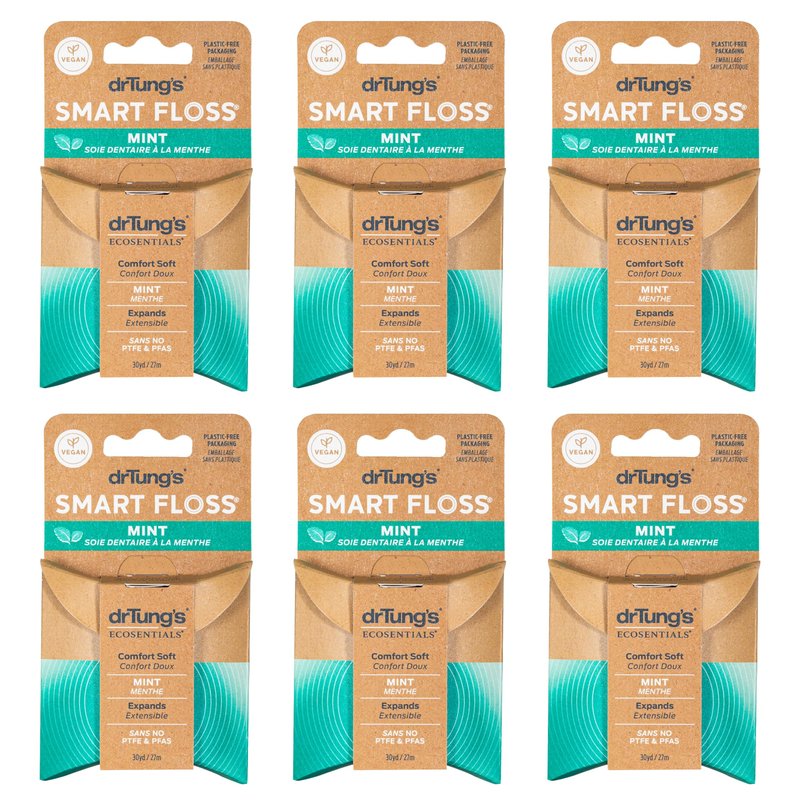 drTung's Smart Floss Mint for Teeth - Natural Expanding Dental Floss, Gentle on Tooth & Gums, Expands & Glides, PTFE & PFAS Free, Certified Organic Mint Essential Oils - Pack of 6