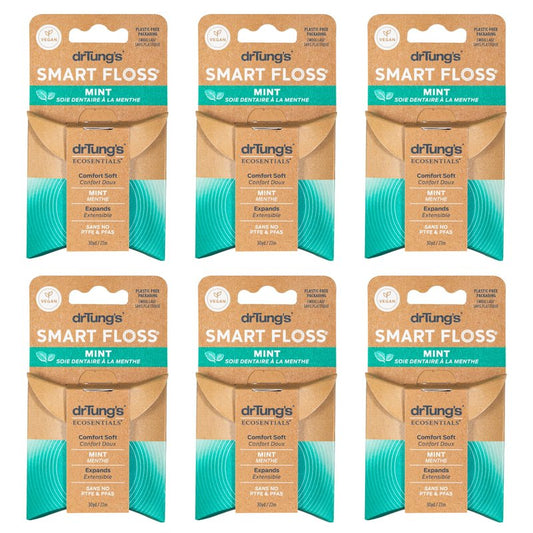 drTung's Smart Floss Mint for Teeth - Natural Expanding Dental Floss, Gentle on Tooth & Gums, Expands & Glides, PTFE & PFAS Free, Certified Organic Mint Essential Oils - Pack of 6