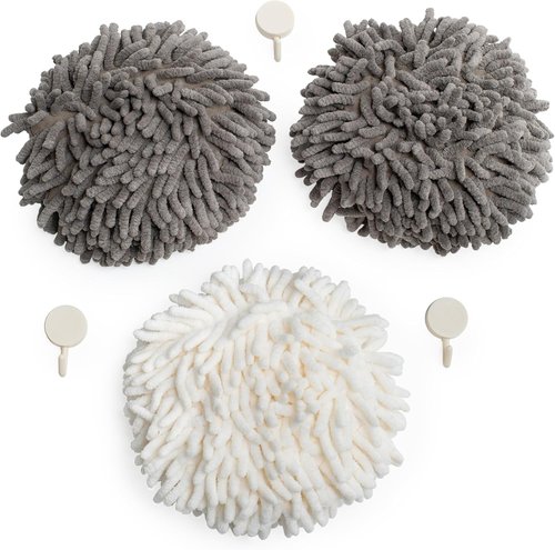 JJ KENT Fluffy Puffins Microfiber Hand Towels - Set of 3 Soft Towels with Wall Hook for Easy Drying