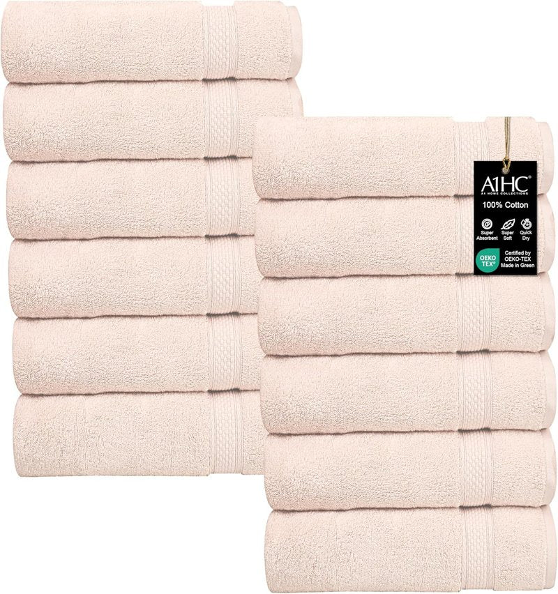 Ultra Soft Wash Cloths Set - 100% Ring Spun Cotton, 500 GSM | Quick Dry & Highly Absorbent, Peach Blush (12 Pack)