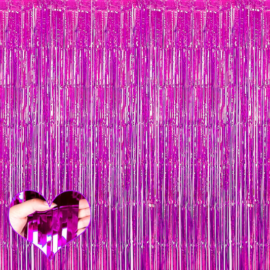 Skiennix 4 Pack Fuchsia Fringe Curtain Backdrop - 3.2Ft x 6.6Ft Metallic Tinsel Streamers for Parties & Events