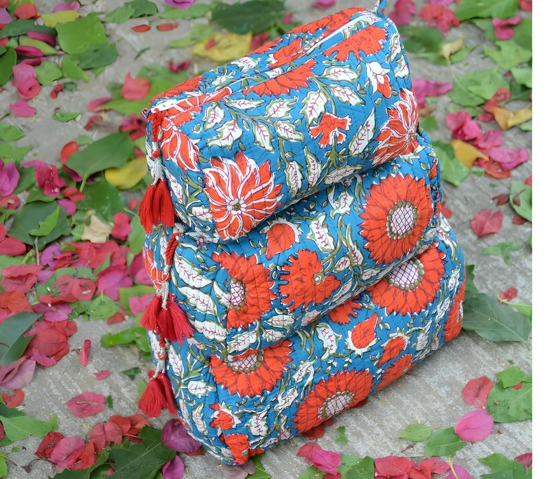 INDACORIFY 100% Cotton Block Print Cosmetic Toiletry Bags Boho Beauty Toiletry Kits Travel Case Pouch for Women's Printed Cotton Tote Bag (Pattern- 3)
