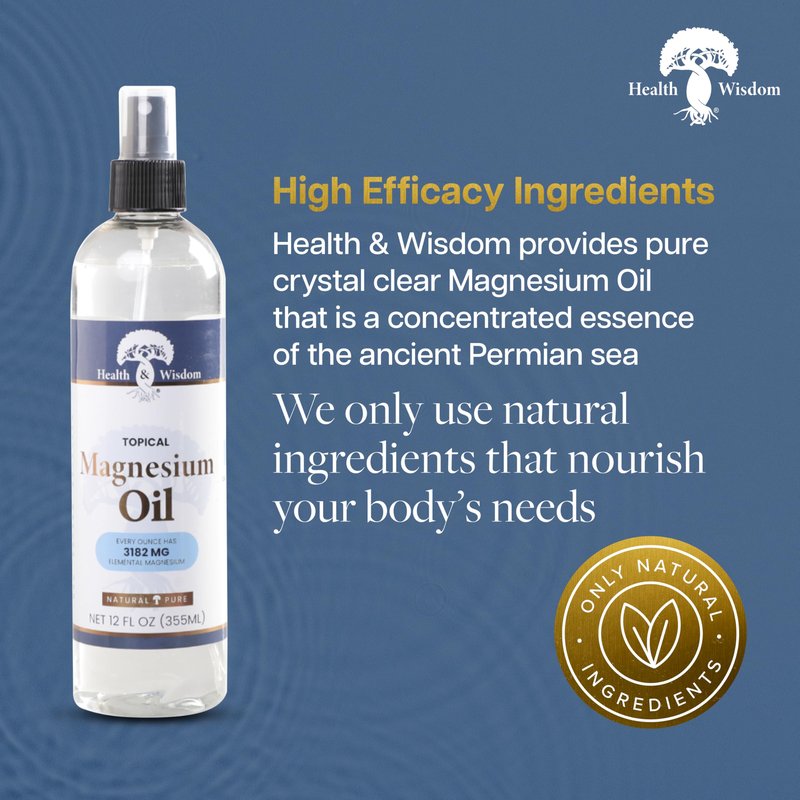 Health & Wisdom Pure Magnesium Oil - Topical Muscle & Joint Relief- Natural and Pure USP Grade Extra Strength Magnesium - Enhanced Absorption - Spray - 12 fl oz