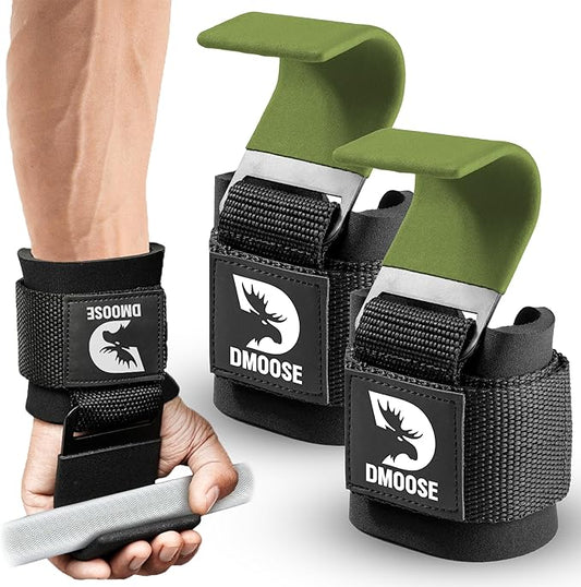 DMoose Fitness Weight Lifting Hooks (Pair) for Deadlifts, Pull Ups, Rows & Shrugs - Anti-Rip Nylon Strap Hand Grips with Thick Wrist Padding - Heavy Duty Wrist Straps for Weightlifting (Green)