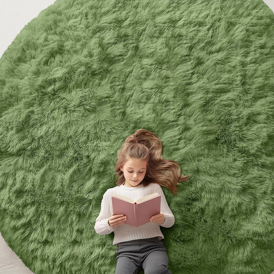 OLANLY Green Round Area Rug - Soft, Fluffy, Machine Washable 9 ft Circle Carpet for Bedroom & Living Room