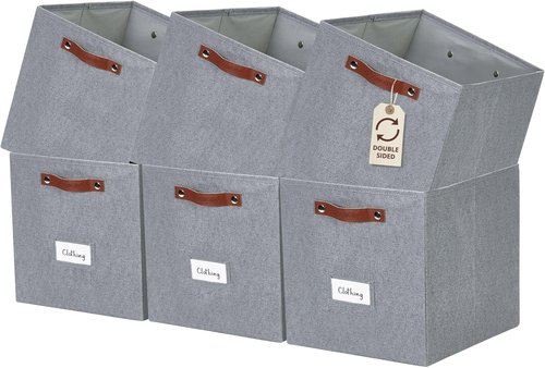 DECOMOMO Storage Cubes - 13x13x13 Fabric Organizer Bins with Labels | 6-Pack in Texture Grey