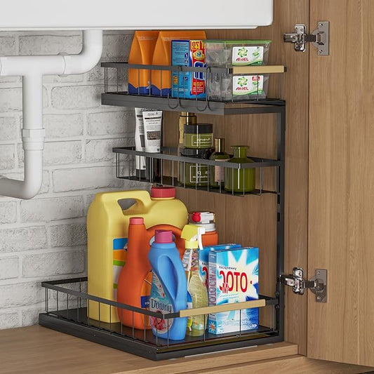 Under Sink Organizer and Storage for Bathroom and Kitchen - 1 Pack 3 Tier Under Cabinet Pull Out Shelf Organizers - Slide Out Drawer Organization for Home Cabinets Shelves and Drawers