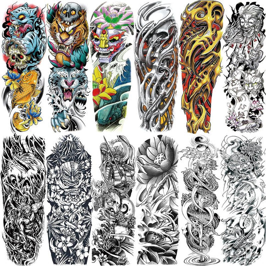 12 Sheets Full Arm Temporary Tattoos Adults, Waterproof Japanese Tiger Samurai Skull Sleeve Tattoos, KOI Dragon Lotus Fake Tattoo Kits for Cosplay BBQ Pool Beach Party