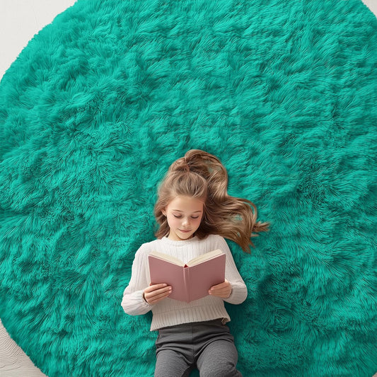 OLANLY Teal Green Round Rug - Soft, Machine Washable 7 ft Shaggy Area Carpet for Bedroom & Living Room Decor