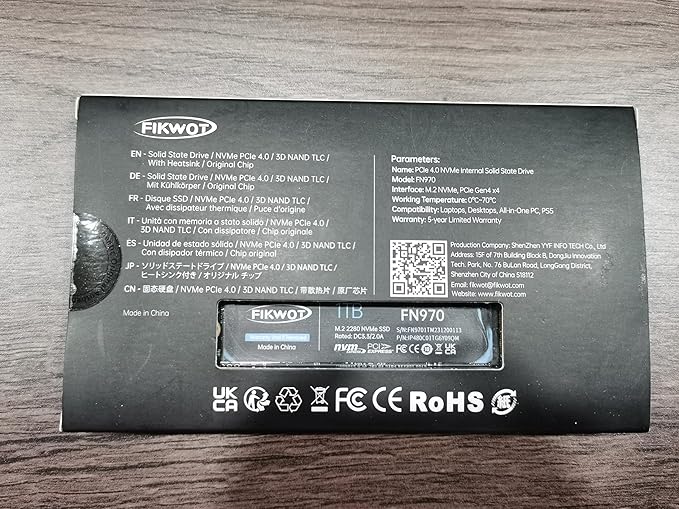 Fikwot FN970 1TB M.2 2280 PCIe Gen4 x4 NVMe 1.4 Internal Solid State Drive with Heatsink - Speeds up to 7,400MB/s, Configure DRAM Cache, Internal SSD