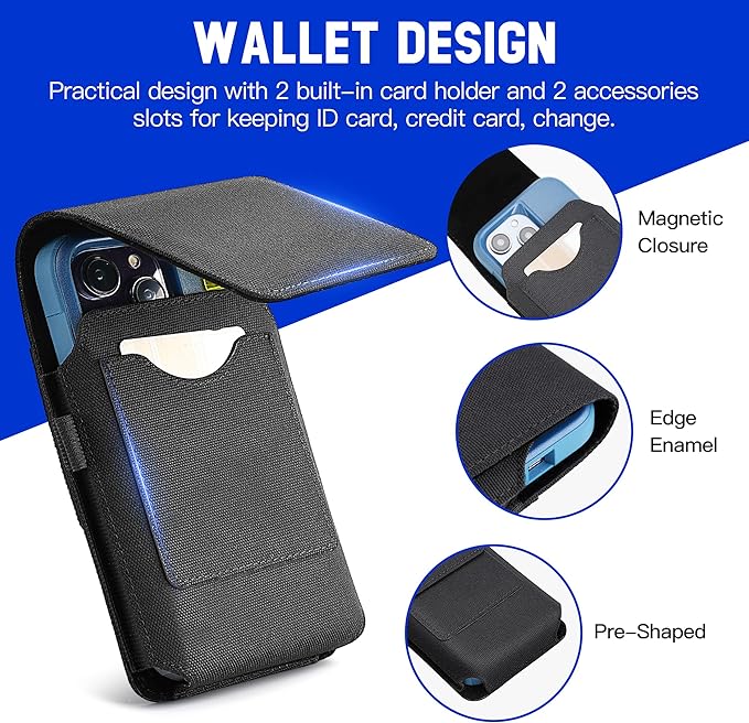 for iPhone 17 Pro Max Air 16/15/14/13/12/11 Pro Max Nylon Cell Phone Pouch Holster Case with Belt Clip Cover Holder for Galaxy S25+ S24+ S23+ S22+ S21+ (Black)