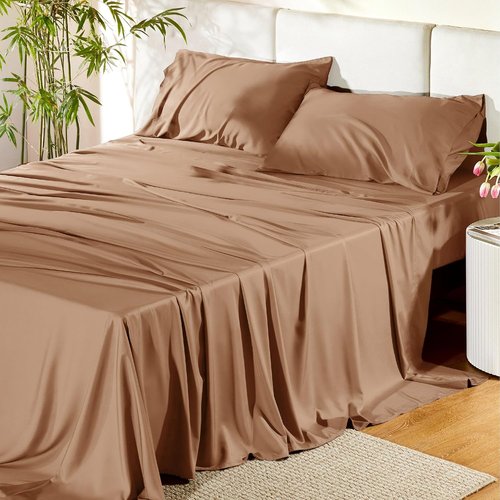 Bedsure Cooling Bed Sheets - Rayon from Bamboo, Breathable & Soft | Full Size, Deep Pocket Up to 16 Inches, Khaki