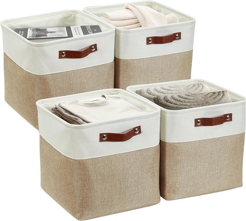 DECOMOMO Storage Cubes - 11x11 Cube Storage Bins for Shelves | Beige & White, 4 Pack