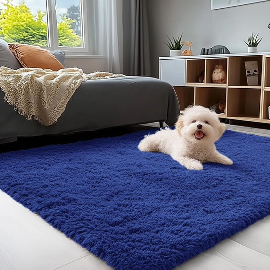 OLANLY 4x4 Machine Washable Accent Rug, Soft Fluffy Shaggy Area Rug for Bedroom, Living Room, Indoor Floor Carpet for Kids, Nursery, Home Decor, Navy Blue