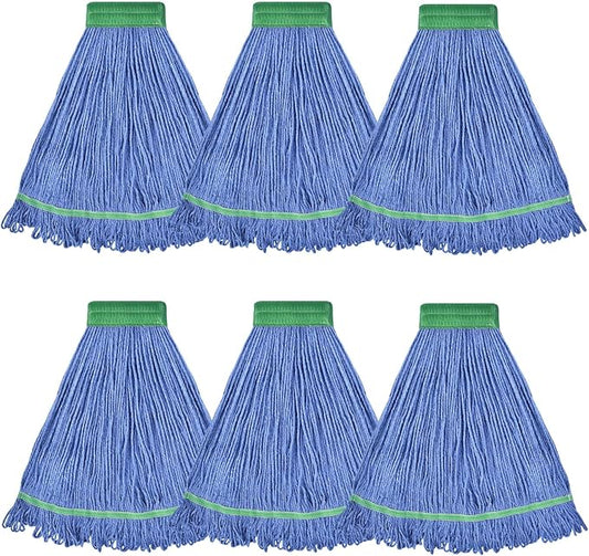 Onesimus 18 oz Heavy Duty Mop Head Replacement, 5 Inch Headband for Quick Change Handle, Blue Loop-End Cotton Blend String Wet Dry Floor Mop Refill Commercial Cleaning Supplies, 6 Pack Medium