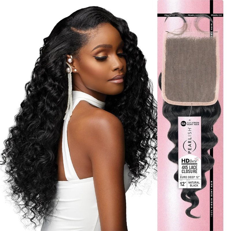 Sensationnel Pearlish Bundle - 4x5 Closure Euro Deep 12 Inch HD Lace Human Hair Weave | Soft Remy Natural Black