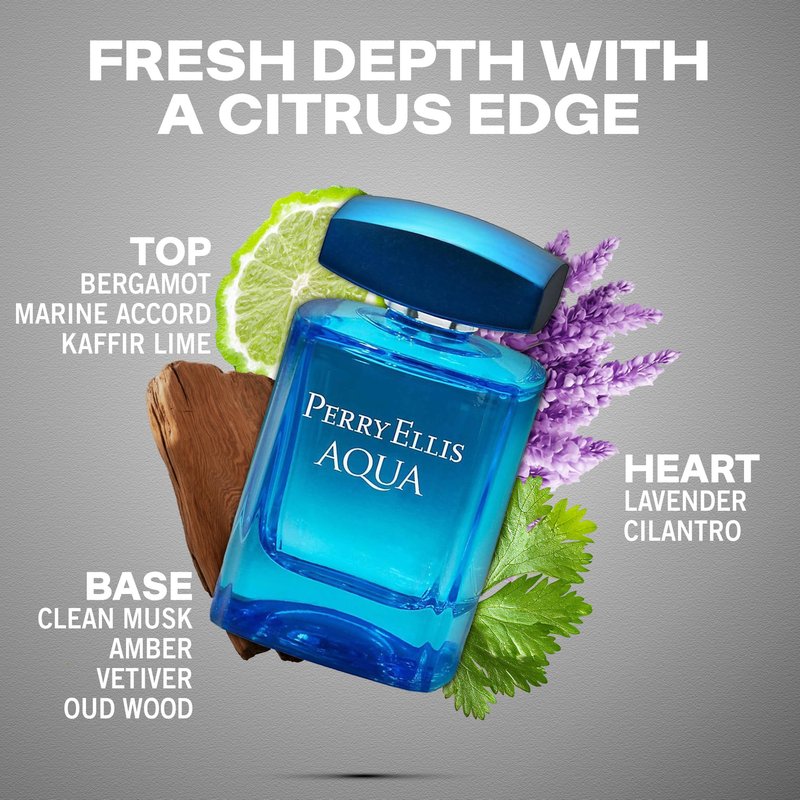 Perry Ellis Aqua Eau De Toilette Spray for Men - Mens Cologne, Long Lasting Perfume, EDT, Fragrance with Notes of Bergamot, Wood Notes & Musk - 3.4 fl oz (100 mL)