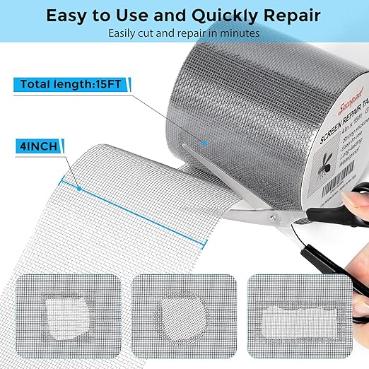 Secopad Grey Window Screen Repair Tape, 4 in X 15 FT (180IN) Screen Repair Kit for Windows or Doors, Strong Adhesive Fiberglass Mesh Patch Tape