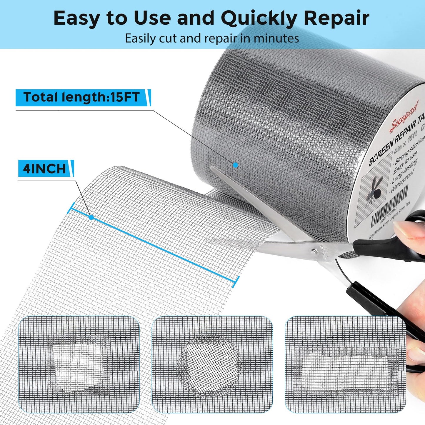 Secopad Grey Window Screen Repair Tape, 4 in X 15 FT (180IN) Screen Repair Kit for Windows or Doors, Strong Adhesive Fiberglass Mesh Patch Tape
