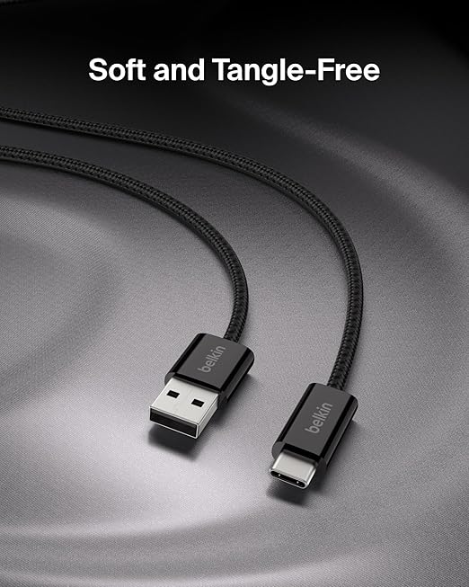 Belkin USB A to USB C Cable, 6.6ft, 15W - Type C Charger, iPhone Charger Cord, Soft, Braided, Flexible for iPhone 17 & 16, Galaxy S26, Pixel 10, iPad Pro, Airpods Pro, Switch & More - Black