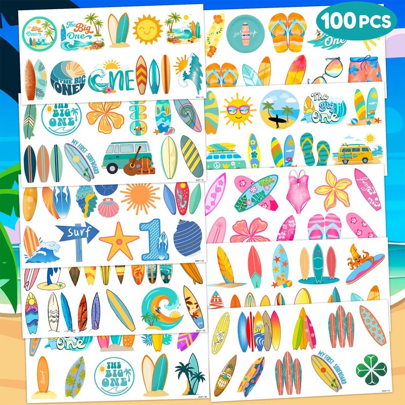 Cute Surfing Temporary Tattoos - The Big One Surf Birthday Party Favors & Supplies - Summer Beach Themed Stickers - 10 Sheets, 100 PCS Gifts for Kids Boys Girls
